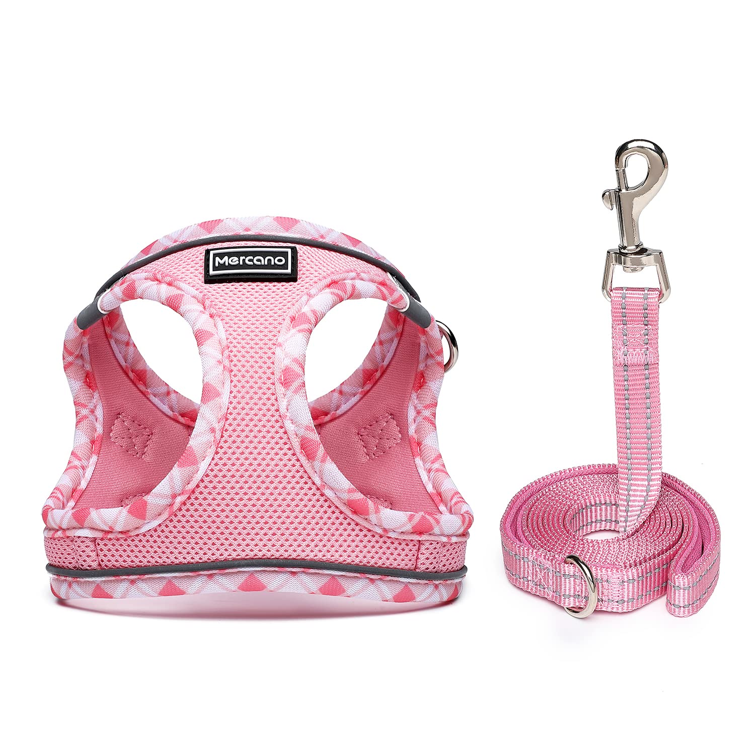 Mercano conjunto arnés y correa rosa, ideal para caminatas seguras.
