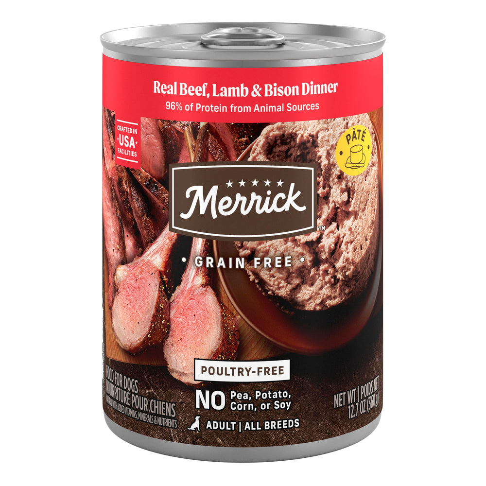Merrick alimento enlatado sin cereales con res, cordero y bisonte para perros adultos.