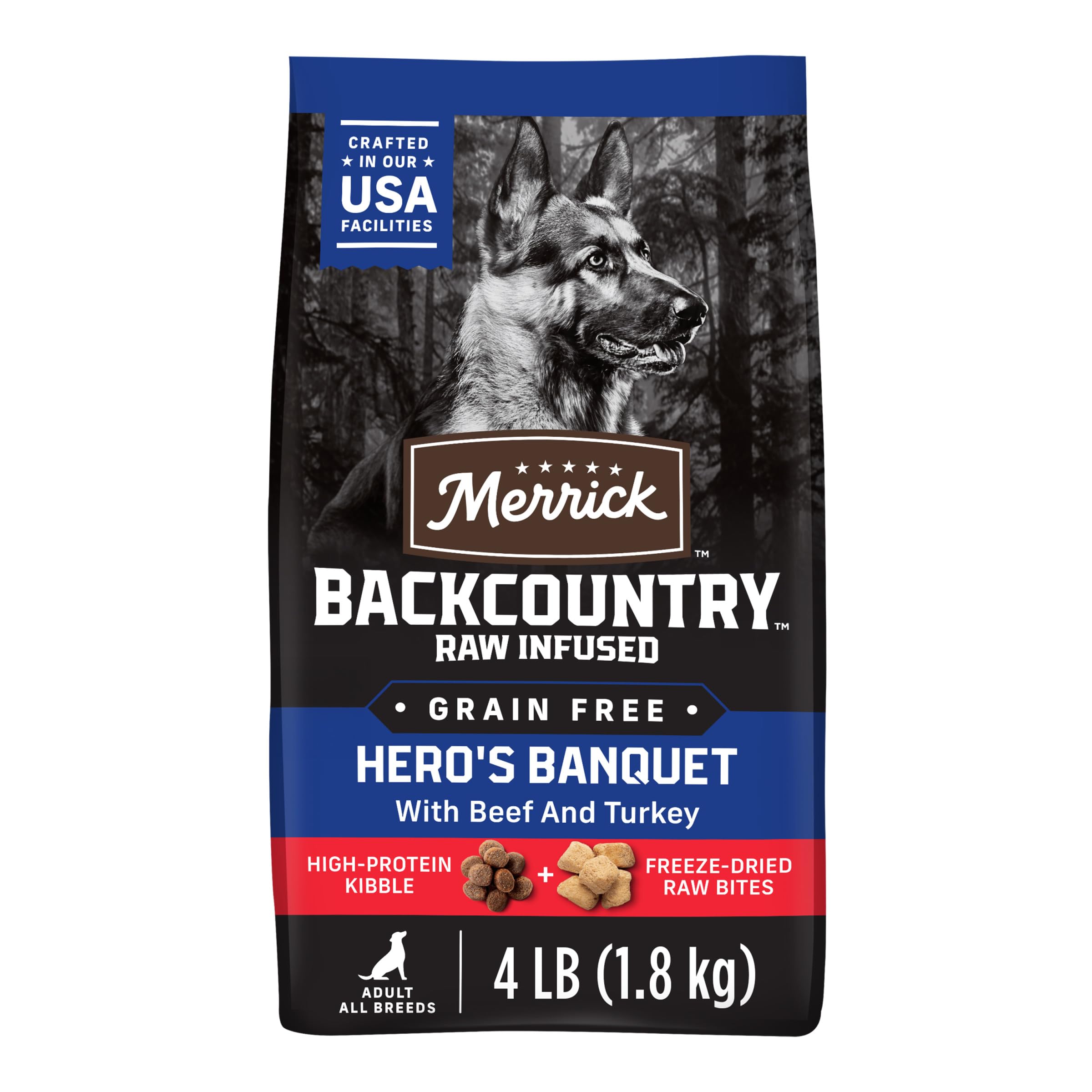 Merrick Backcountry Banquete del Héroe, bolsa 4 lb para energía diaria del perro.