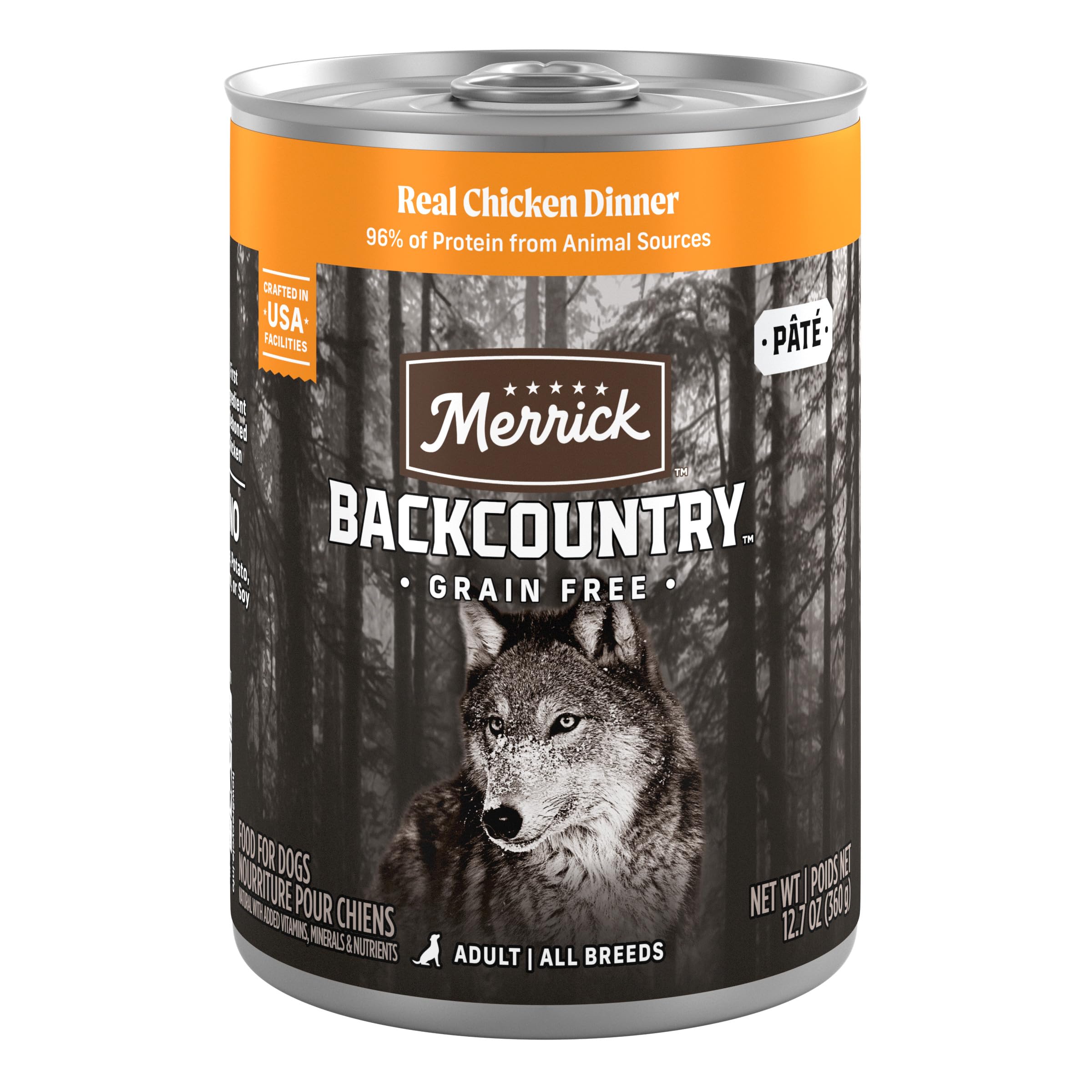 Merrick Backcountry con pollo real en lata, proteína de calidad para perros.
