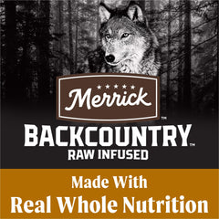 Merrick Backcountry sin granos, piezas crudas y croquetas, textura atractiva para masticar.