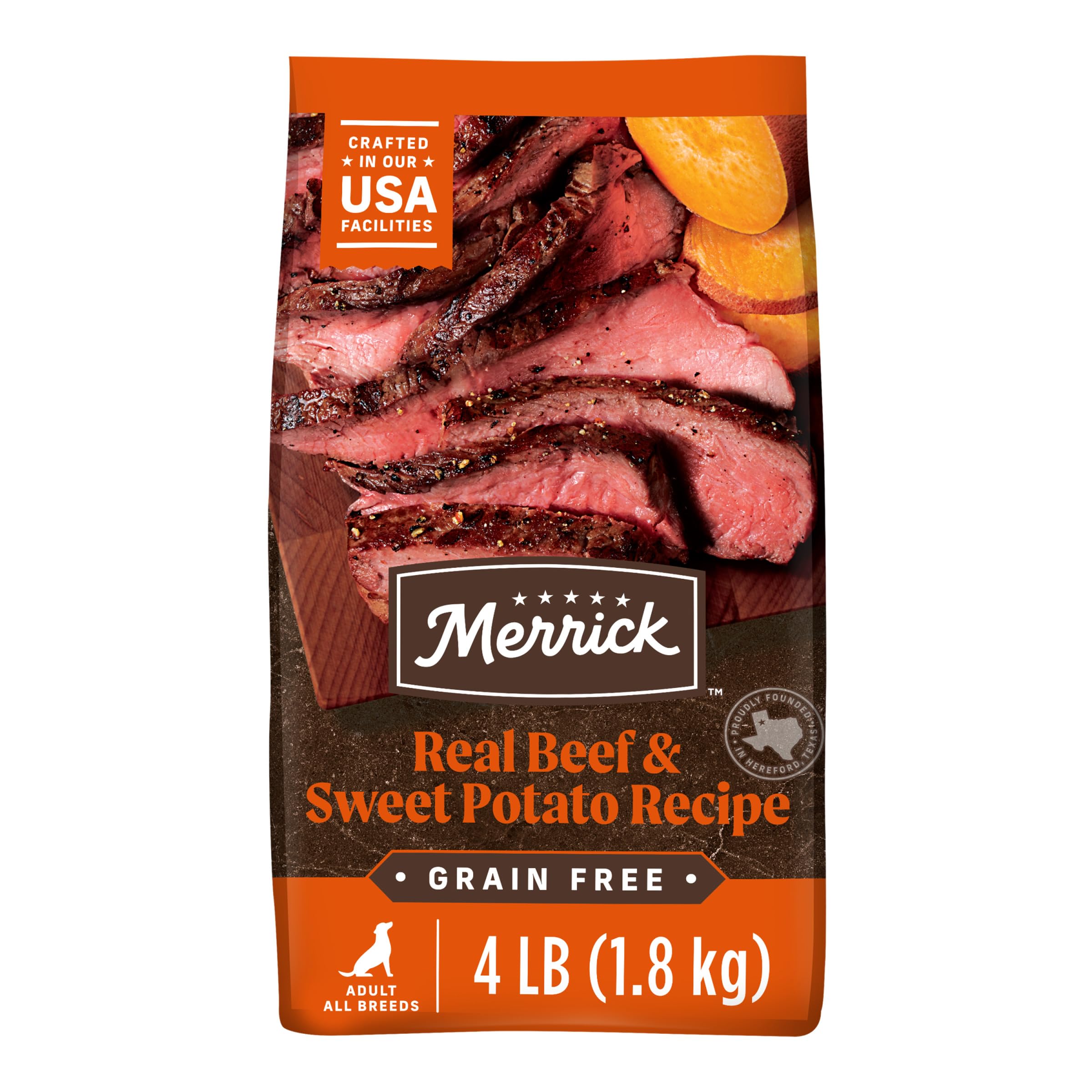 Merrick bolsa de 4 lb: comida seca sin granos para perros adultos con res real.