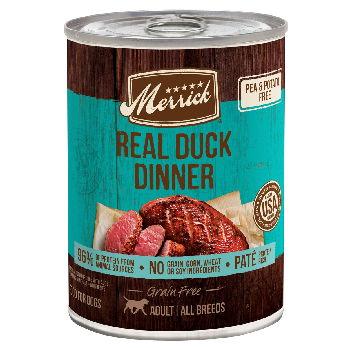 Merrick cena de pato real en lata con primer ingrediente pato deshuesado para perros