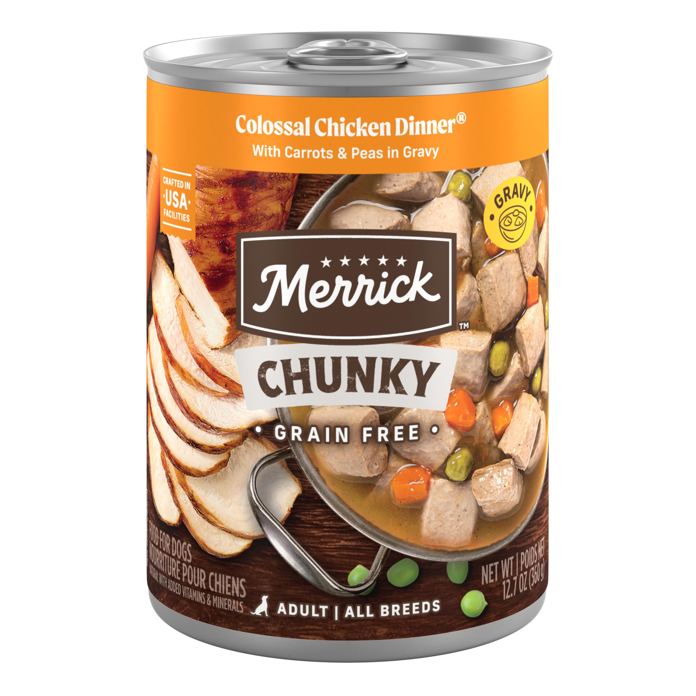 Merrick cena de pollo colosal con salsa en lata para energía diaria del perro.