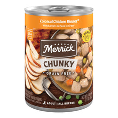 Merrick cena de pollo colosal con salsa en lata para energía diaria del perro.