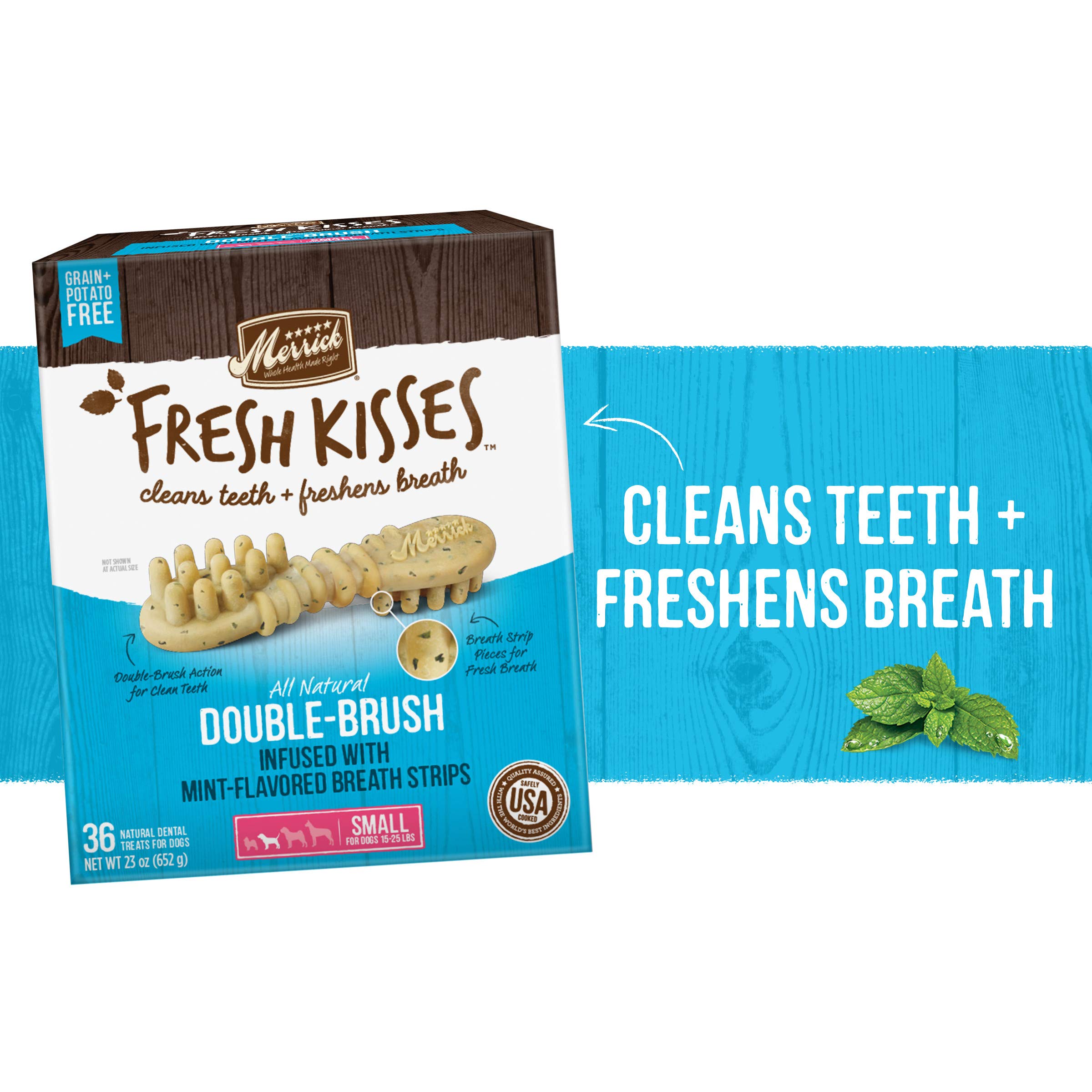 Merrick Fresh Kisses: aliento fresco con menta real para perros pequeños.