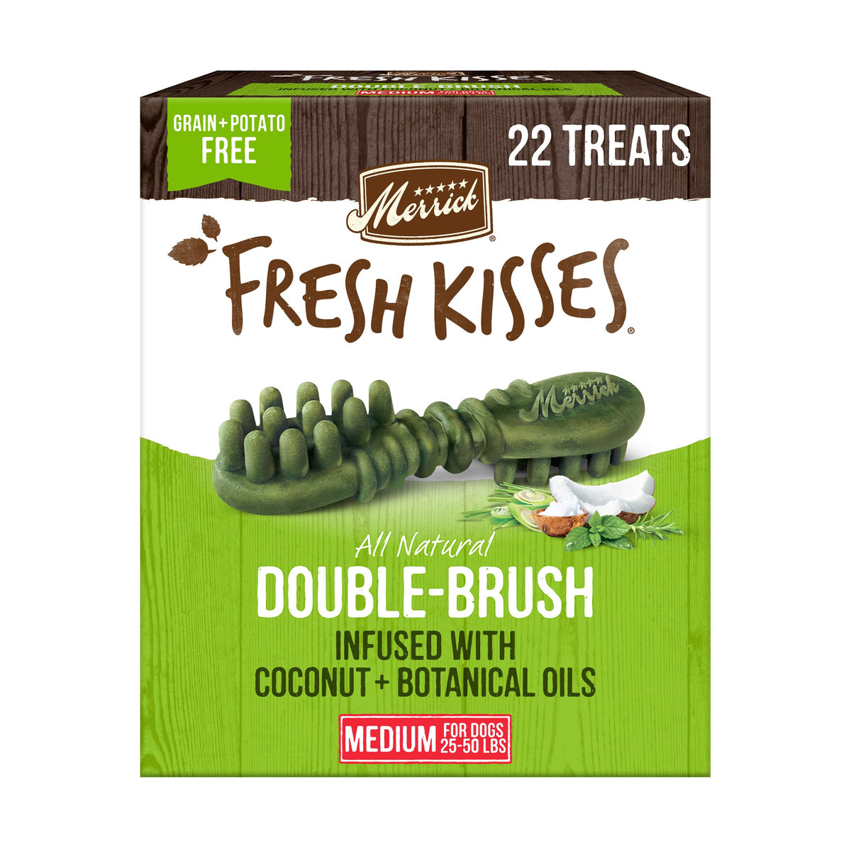 Merrick Fresh Kisses con doble cepillado para limpieza dental en perros medianos.