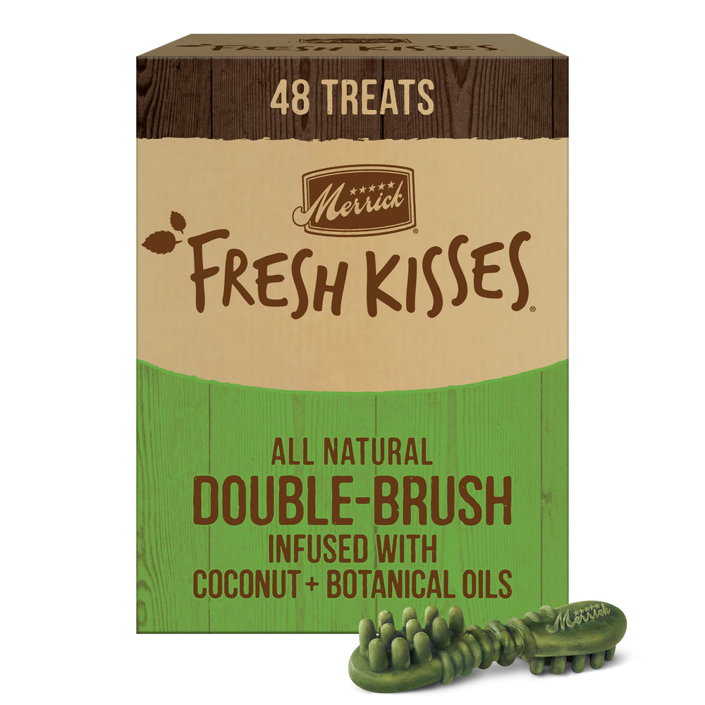 Merrick Fresh Kisses masticables dentales en empaque de 48 unidades, lista para compra.