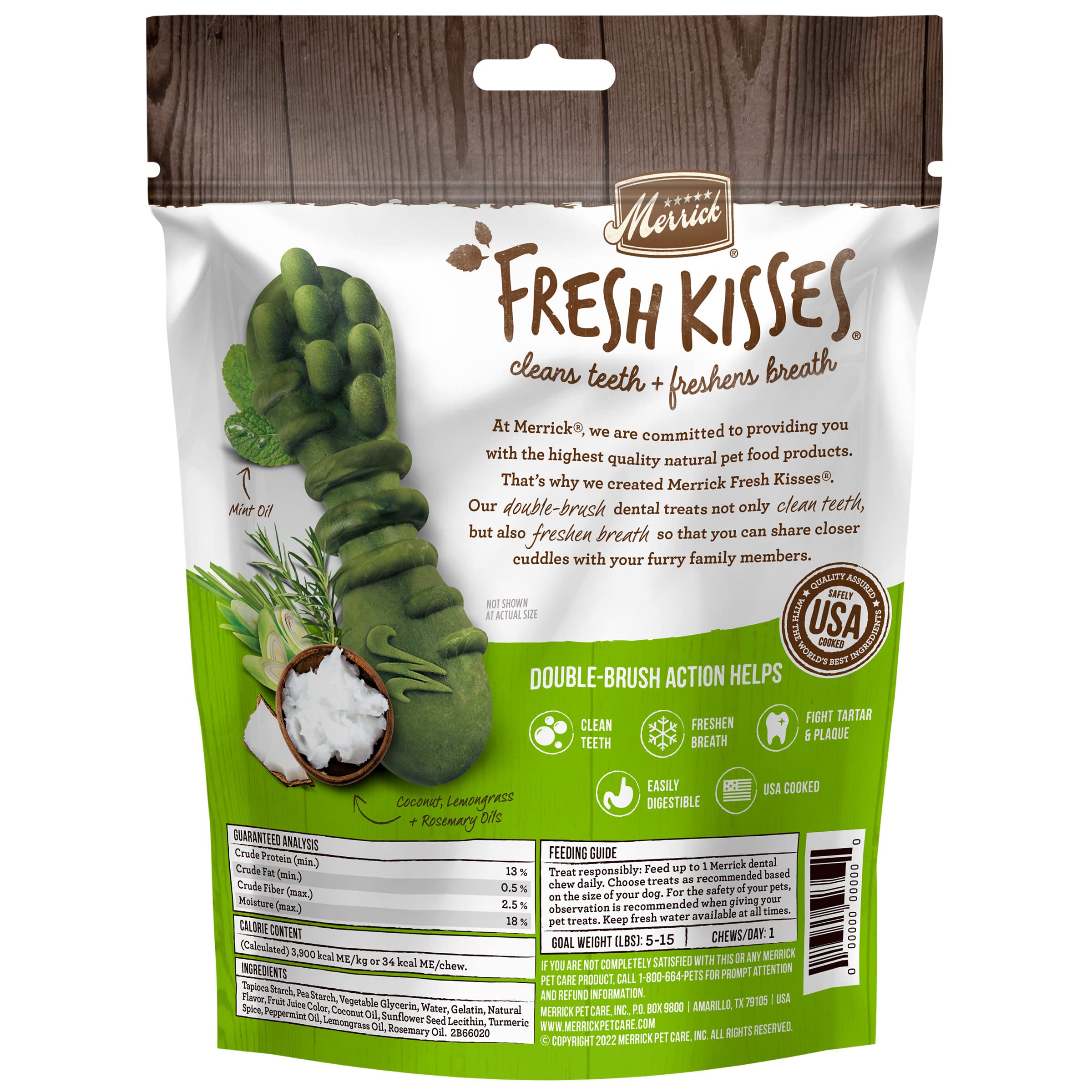 Fórmula sin granos ni papa en Merrick Fresh Kisses para perros pequeños.