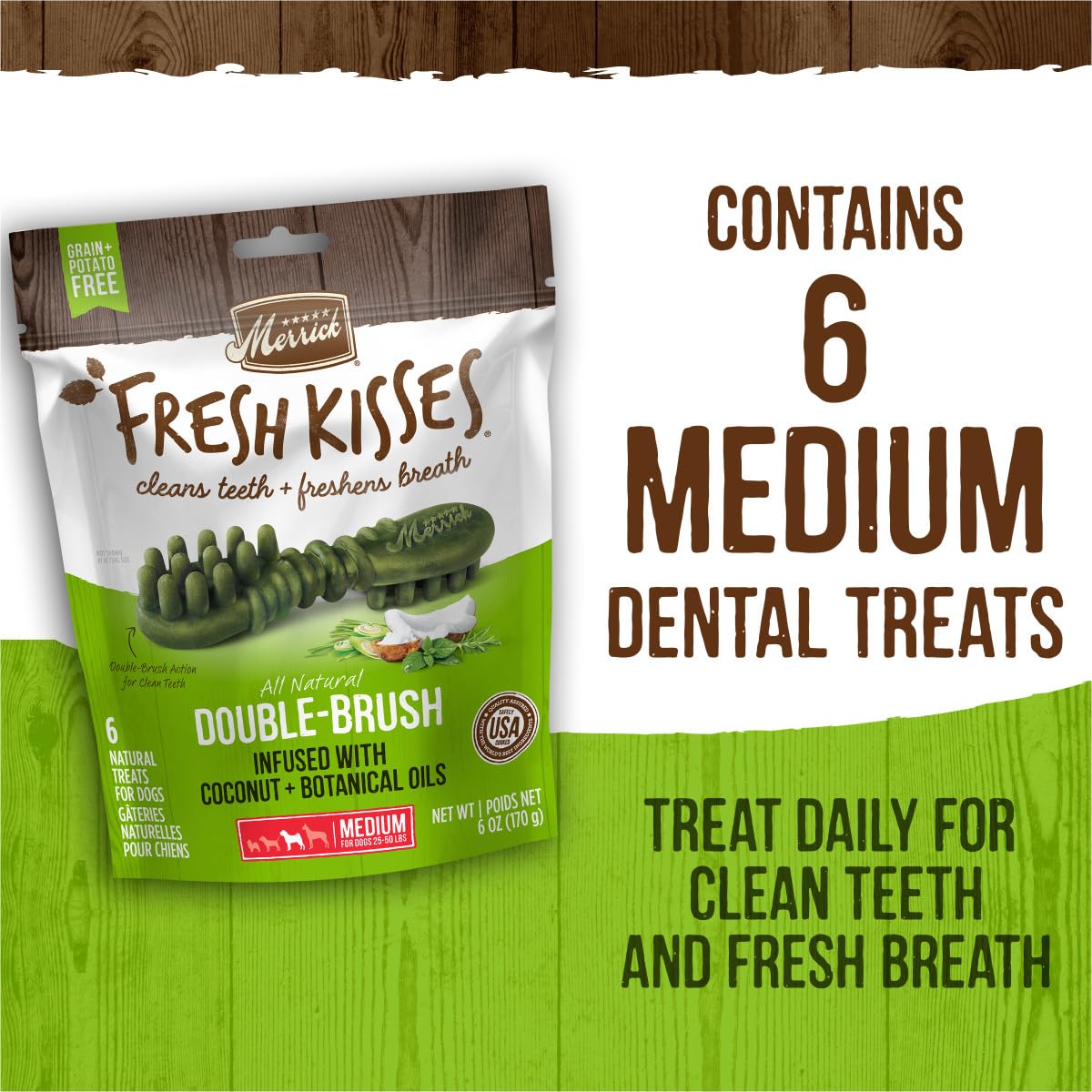 Merrick Fresh Kisses snack dental suave y sabroso para perros.
