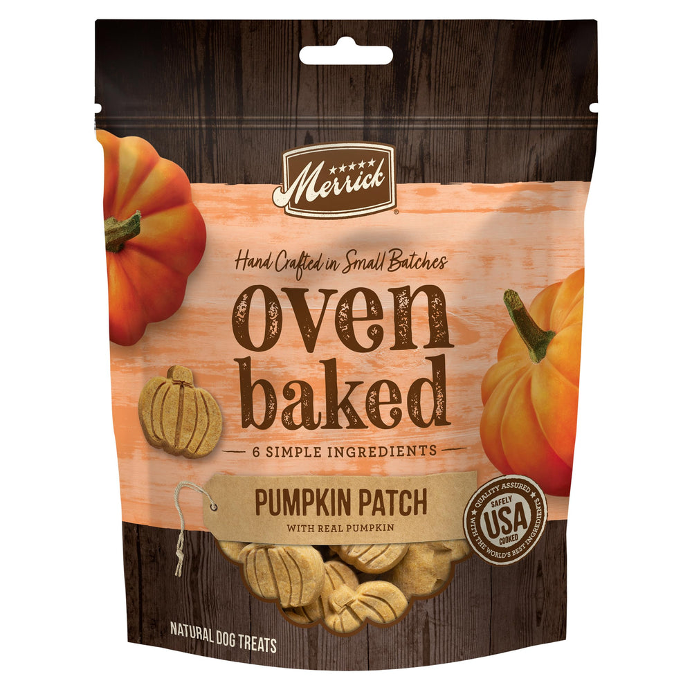 Galletas Merrick para perros horneadas con calabaza real, crujientes y sabrosas.