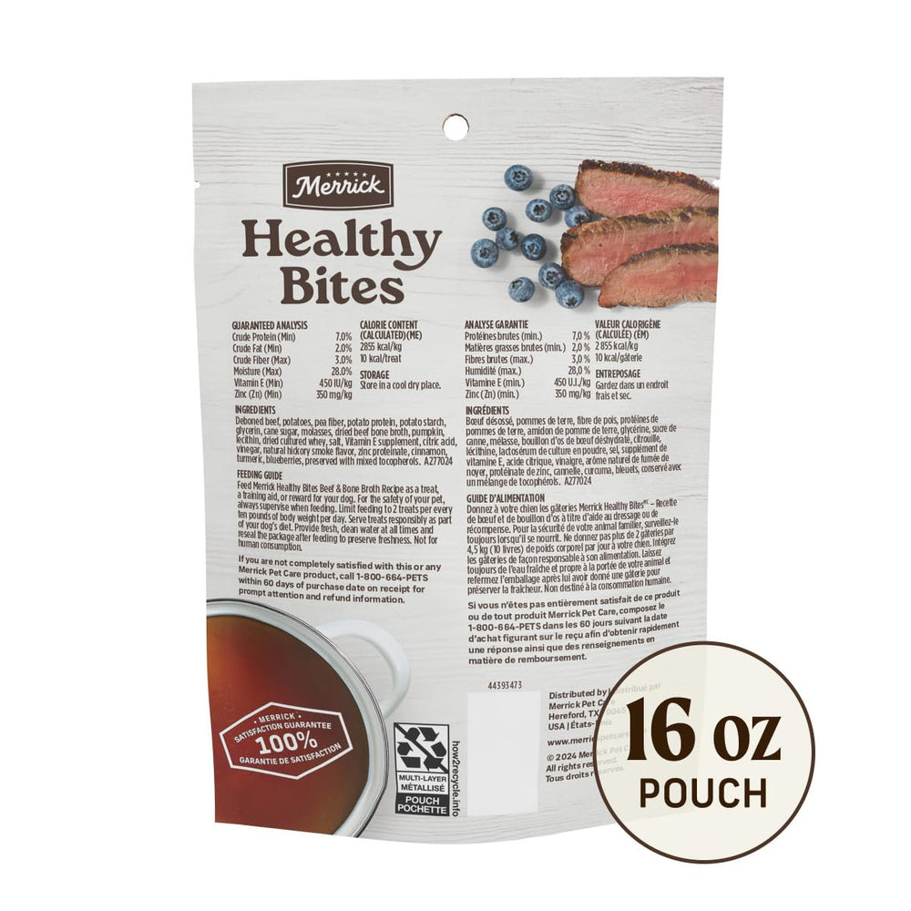 Merrick Healthy Bites trocitos de ternera sin granos, fáciles de morder.