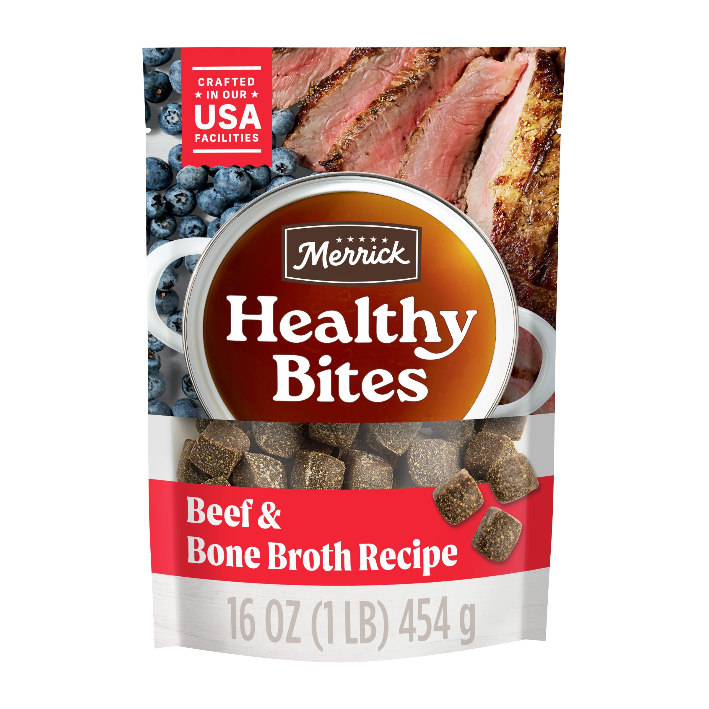 Merrick Healthy Bites premios blandos sin grano con caldo de huesos, ideal para perros de todos los tamaños.