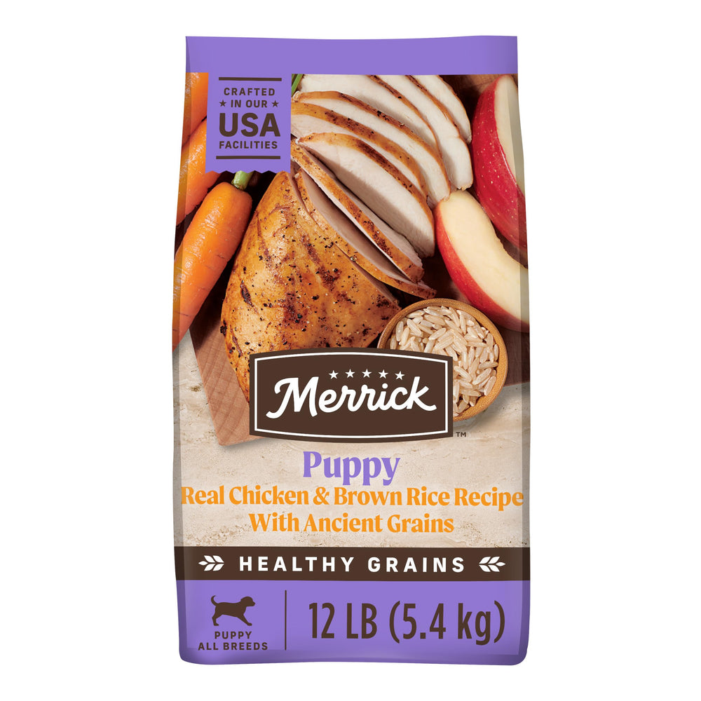 Merrick Healthy Grains con pollo real para cachorros, crecimiento saludable.