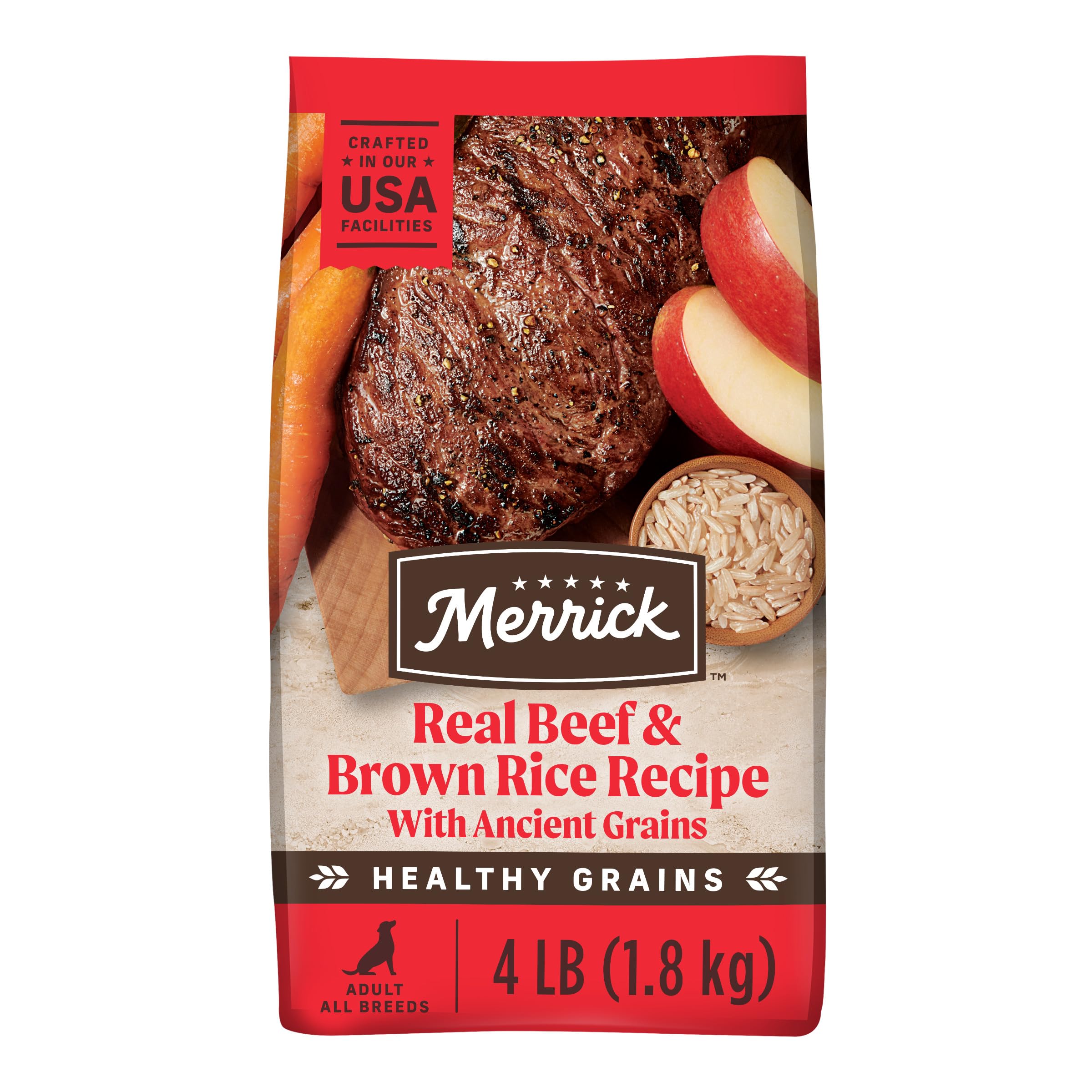 Merrick Healthy Grains envase 4 lb, práctico para alimentar perros diariamente.