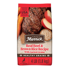 Merrick Healthy Grains envase 4 lb, práctico para alimentar perros diariamente.