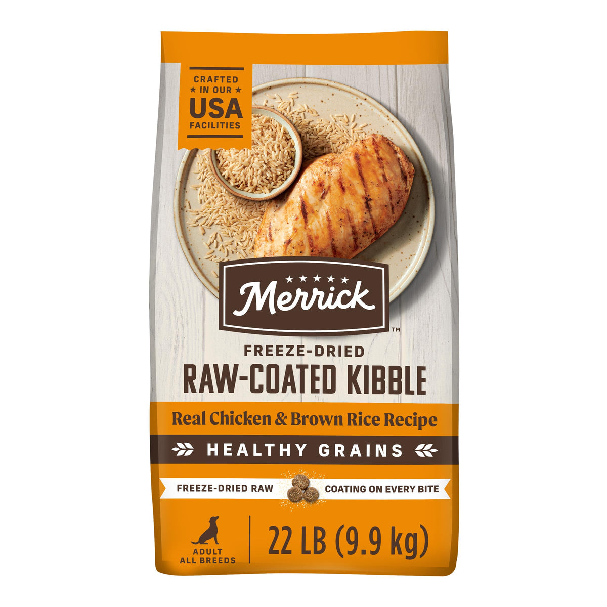 Merrick Healthy Grains frente al envase, croquetas para perros activos.