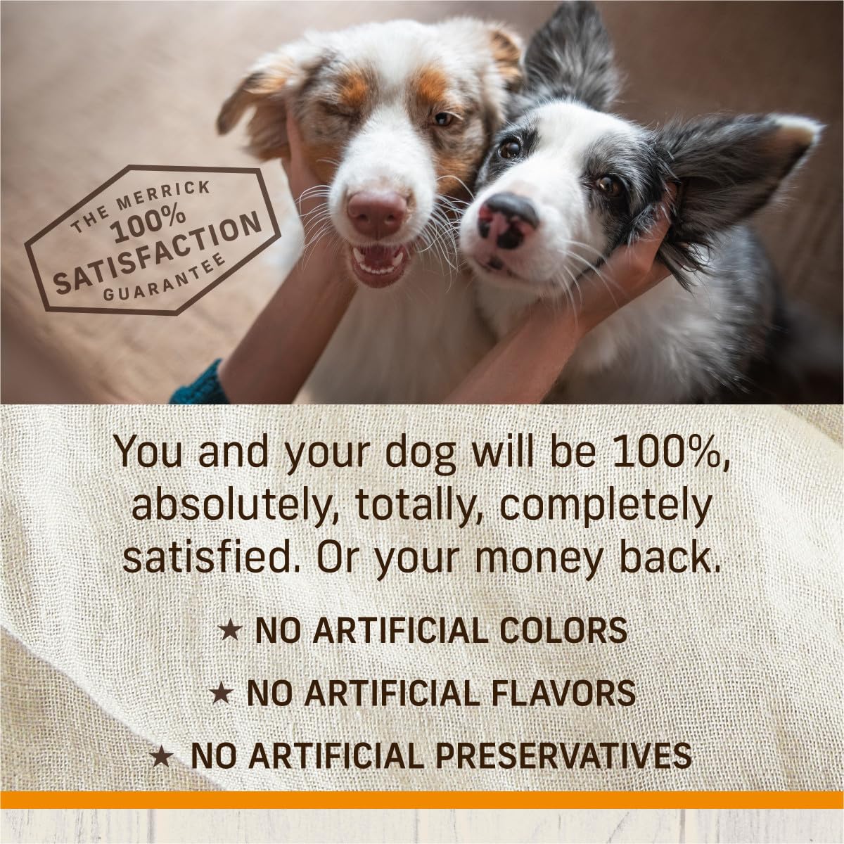 Servicio en tazón con porciones Merrick Healthy Grains para perros adultos.