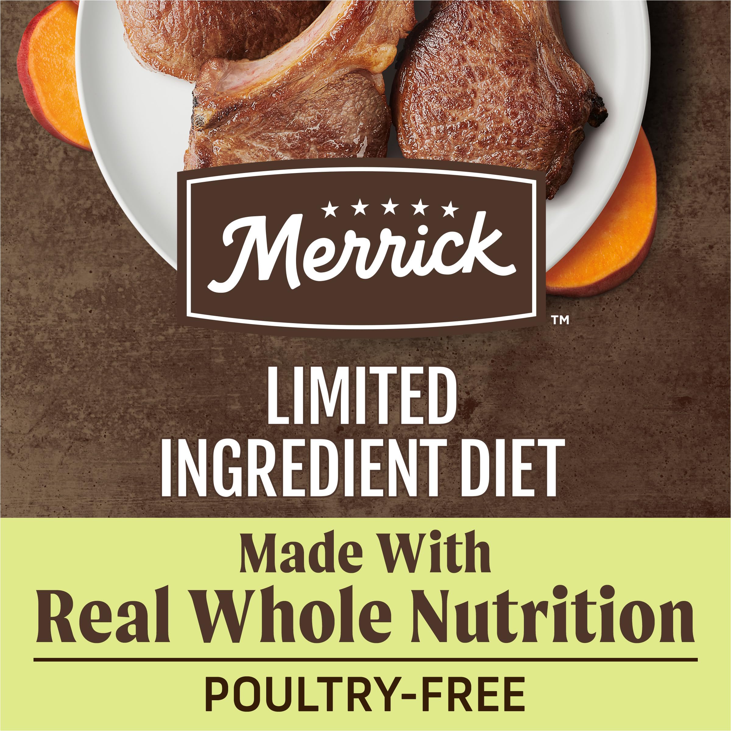 Merrick ingrediente principal cordero, proteína única para dietas limitadas.
