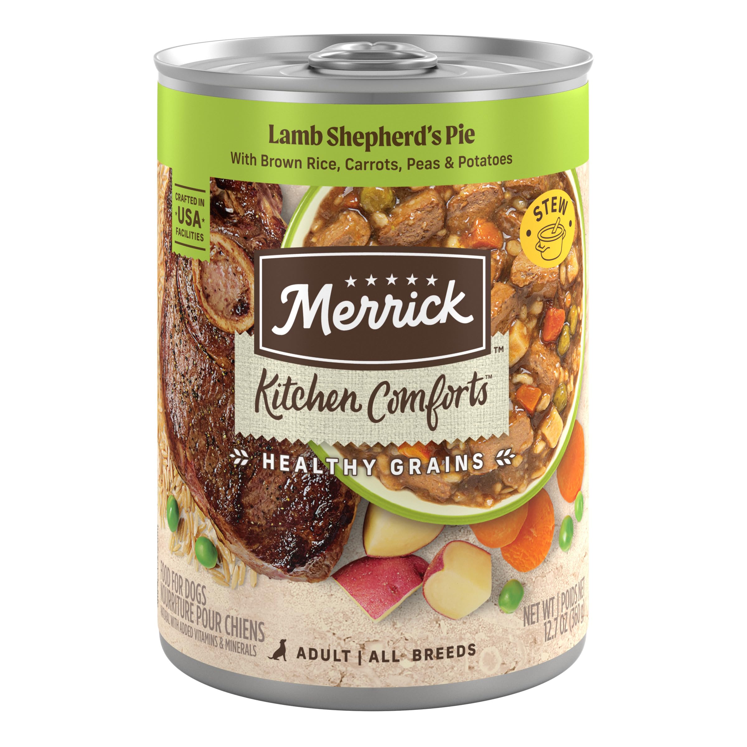 Merrick Kitchen Comforts cordero-pie en lata para perros adultos con salsa sabrosa.