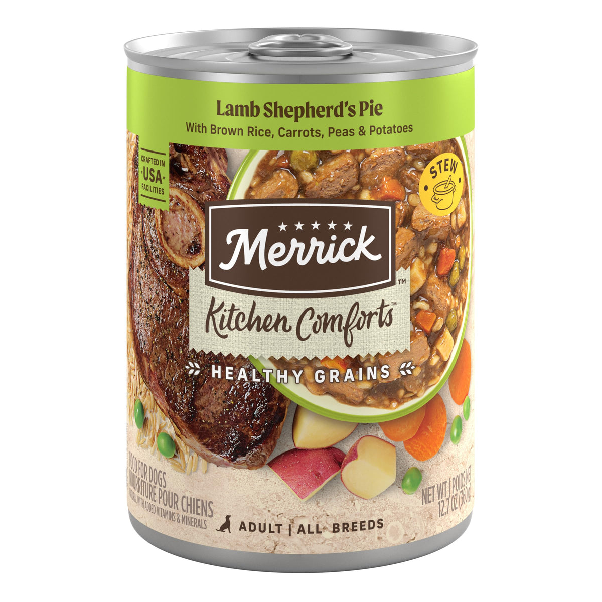 Merrick Kitchen Comforts cordero-pie en lata para perros adultos con salsa sabrosa.