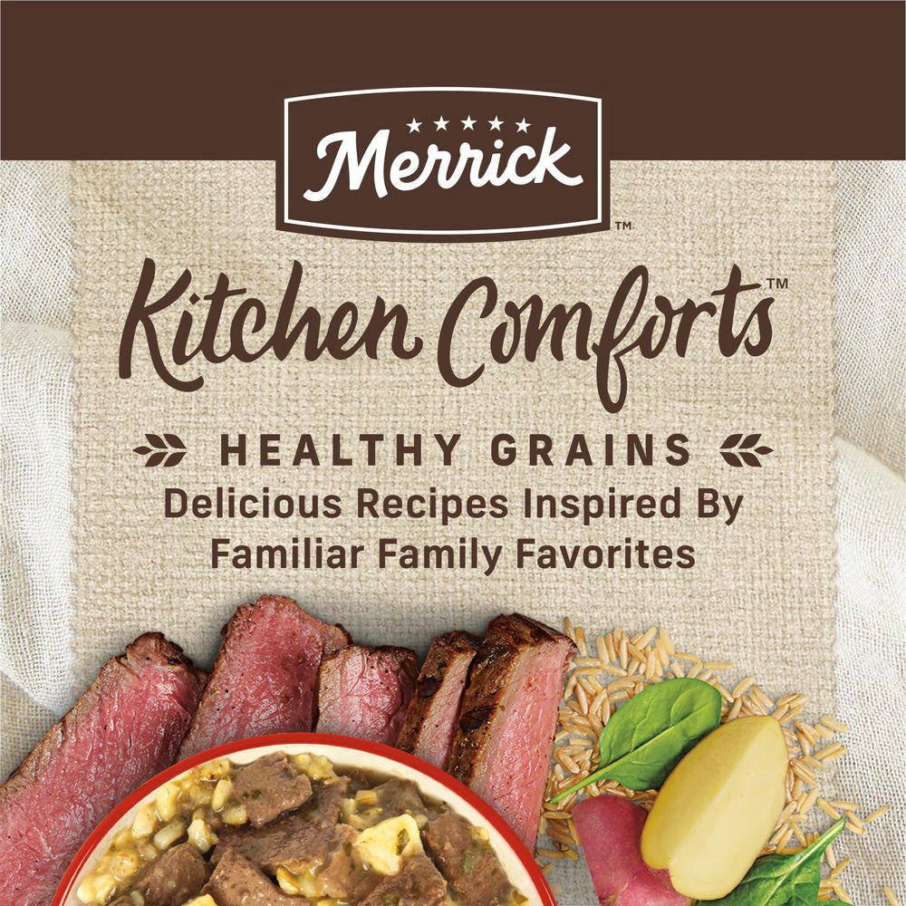 Merrick Kitchen Comforts: res real con arroz integral en lata, fuente de proteína.