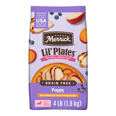Merrick Lil’ Plates alimento seco para cachorros pequeños con pollo desmenuzado y batata.