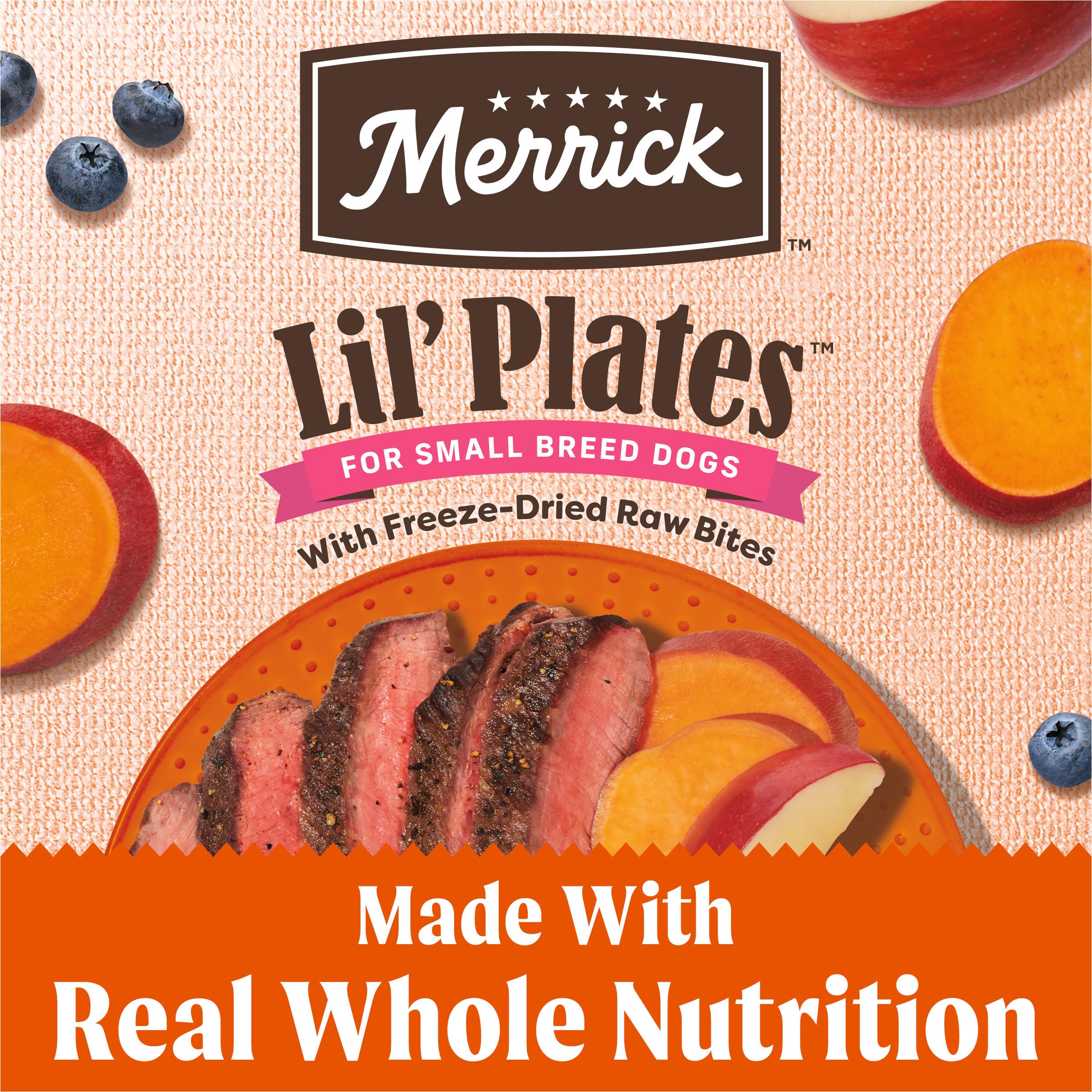 Merrick Lil’ Plates alimento seco para perros pequeños con textura atractiva.