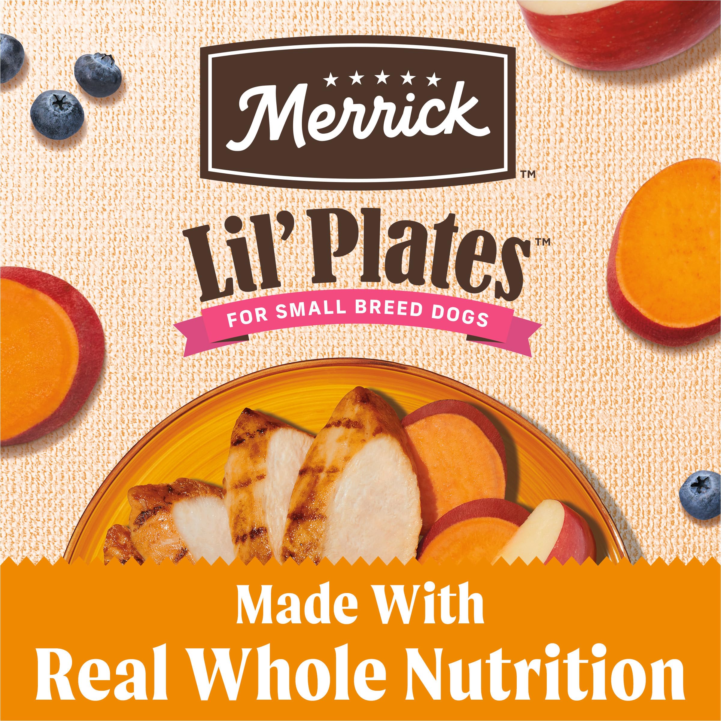 Merrick Lil’ Plates sin granos, opción suave para dietas sensibles.