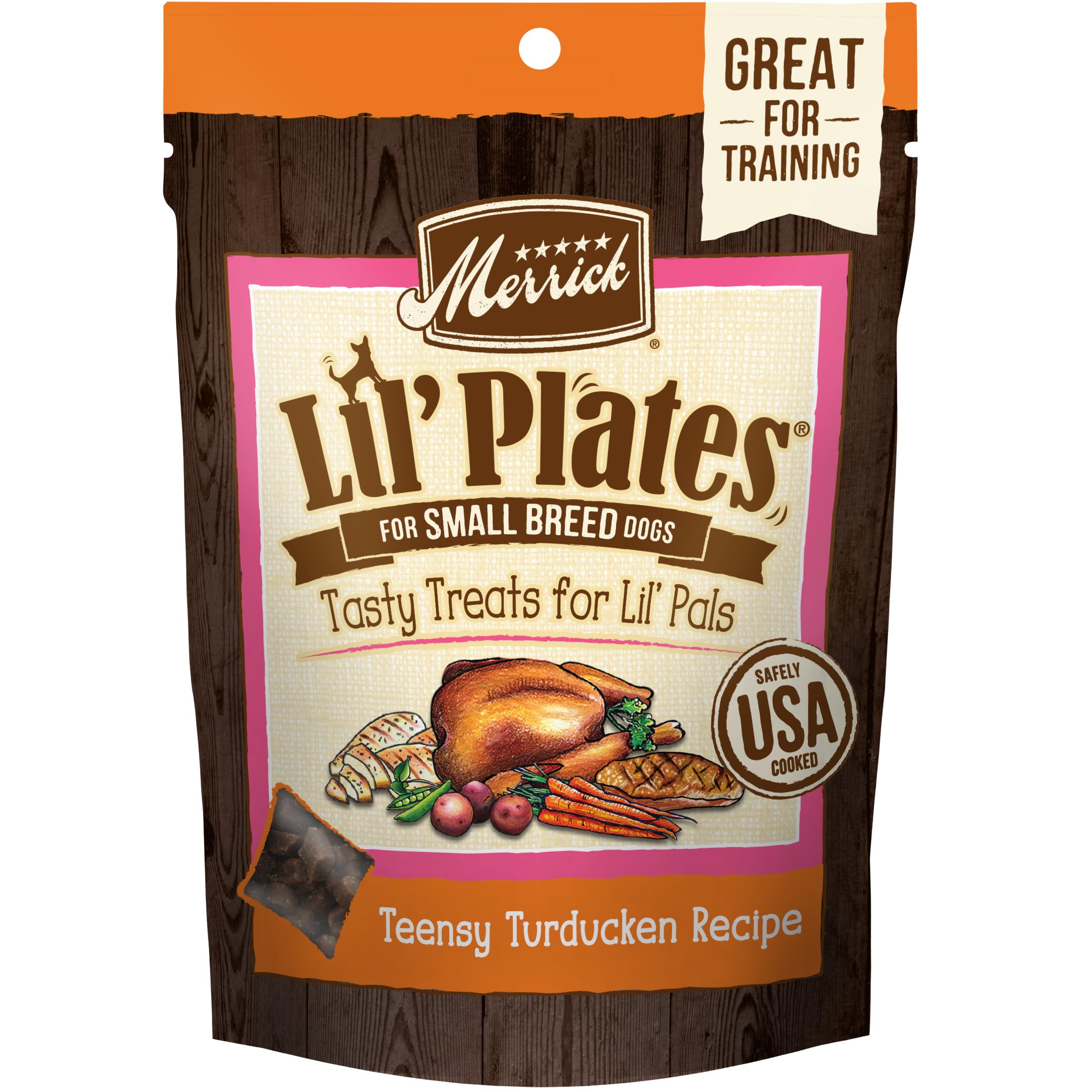 Merrick Lil’ Plates Turducken sin granos, vista frontal del empaque.