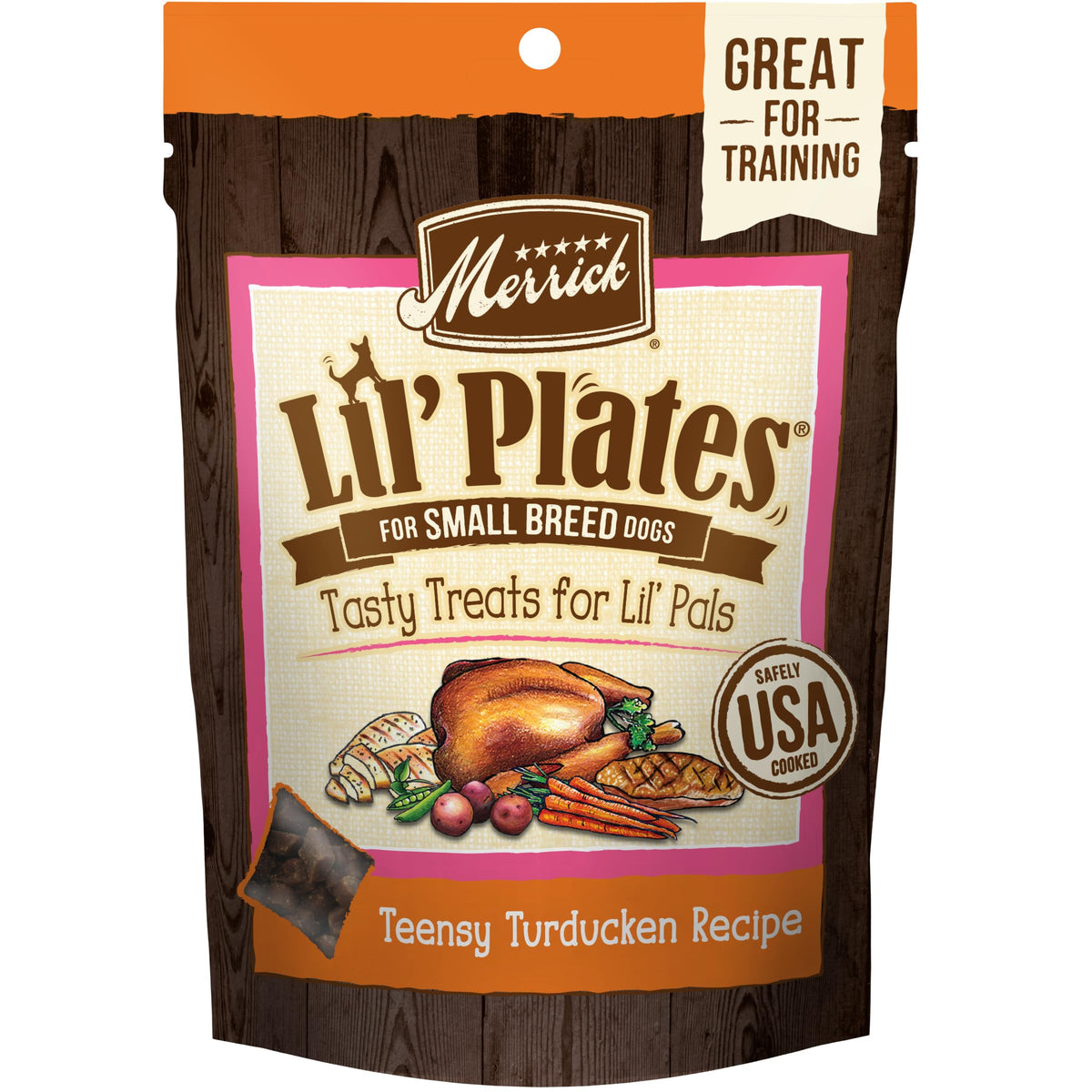 Merrick Lil’ Plates Turducken sin granos, vista frontal del empaque.