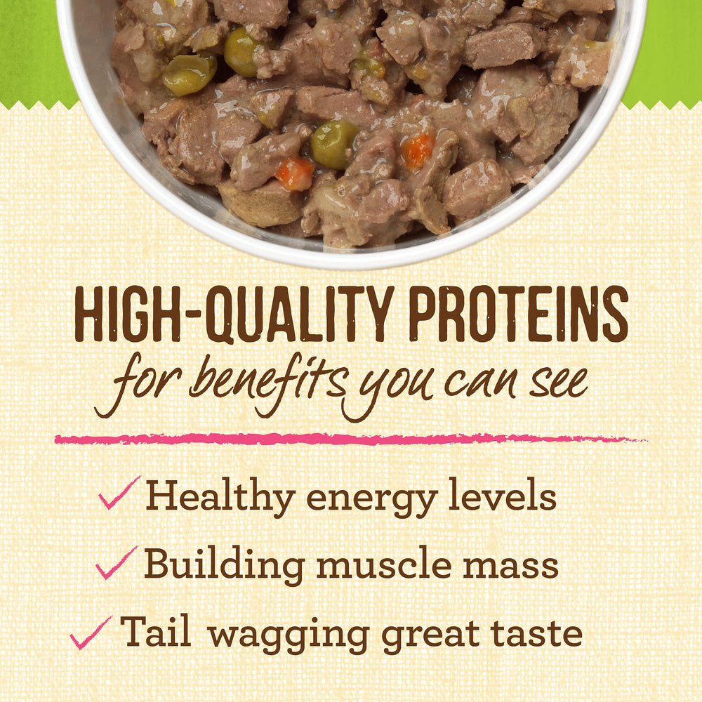 Merrick Mini Platos primer ingrediente cordero deshuesado, proteína real para músculos y energía.