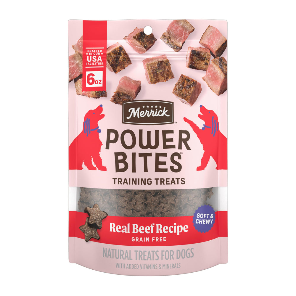 Merrick Power Bites frente a la bolsa, snack sabroso para adiestramiento diario.
