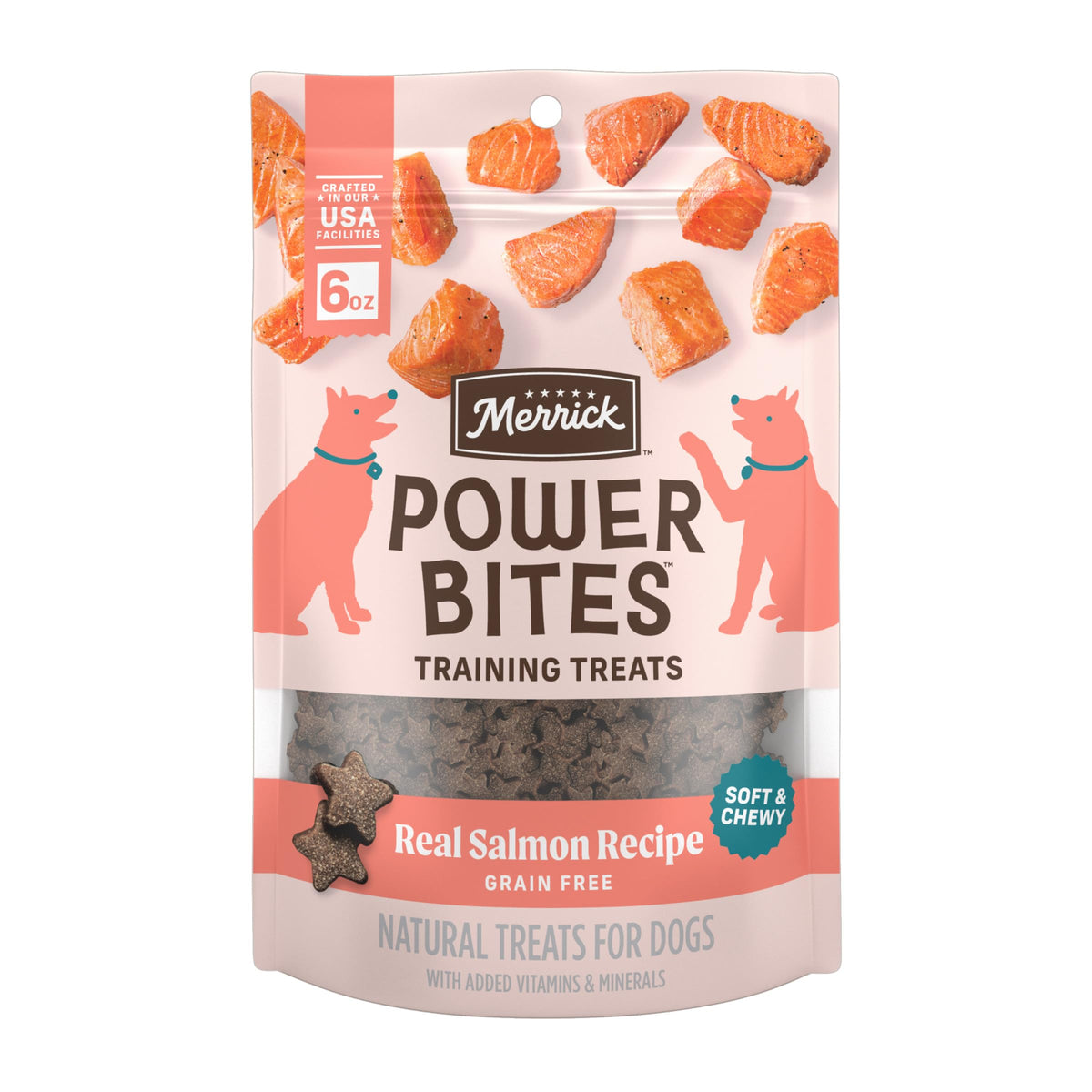 Merrick Power Bites con salmón real, ingrediente principal sabroso para perros.