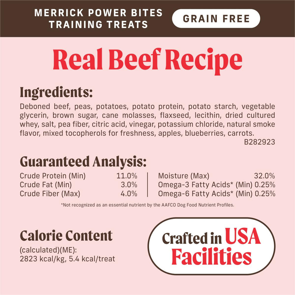 Merrick Power Bites etiqueta sin granos, opción natural para perros sensibles.
