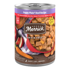Merrick Puppy Plate con carne deshuesada, textura jugosa ideal para cachorros curiosos.