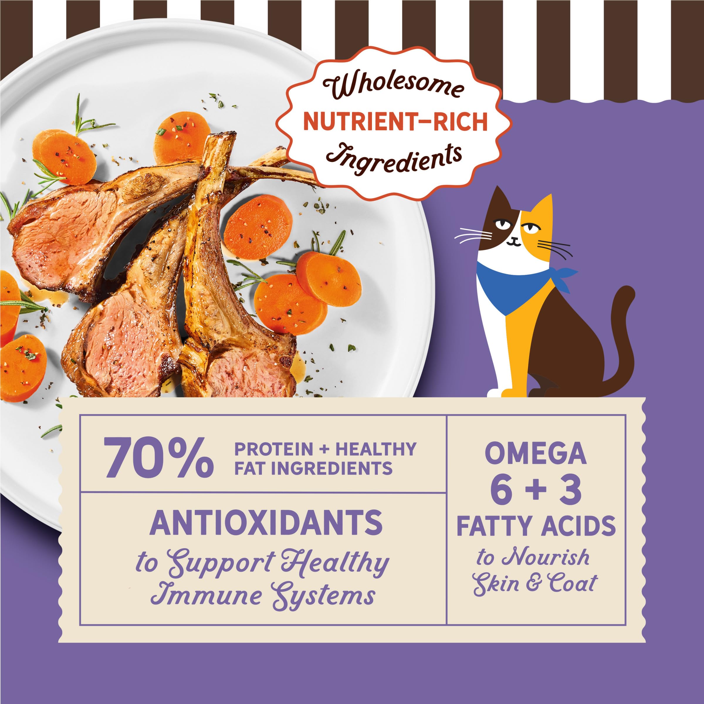 Merrick Purrfect Bistro: alimento seco para gatos con cordero, proteína alta para músculos.