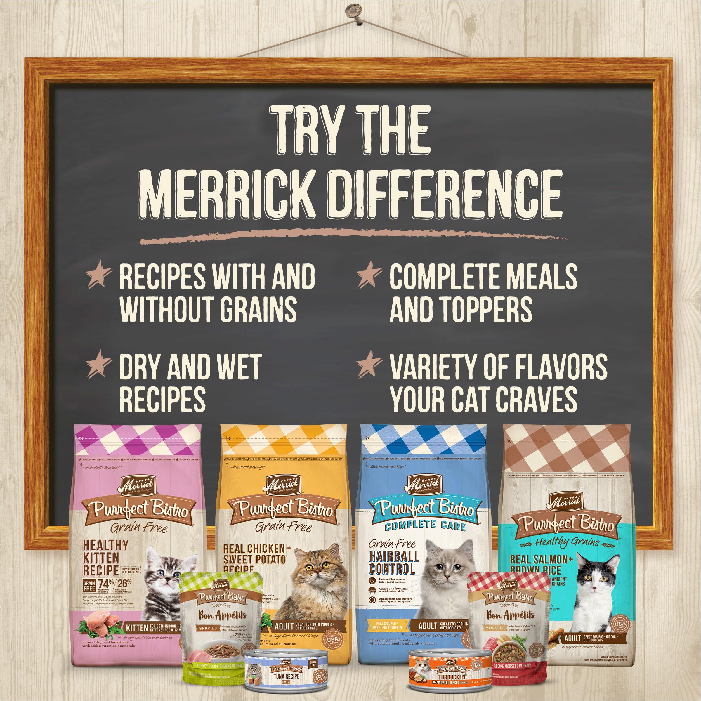 Merrick Purrfect Bistro hecho en Texas pate gatito, producción local de calidad.