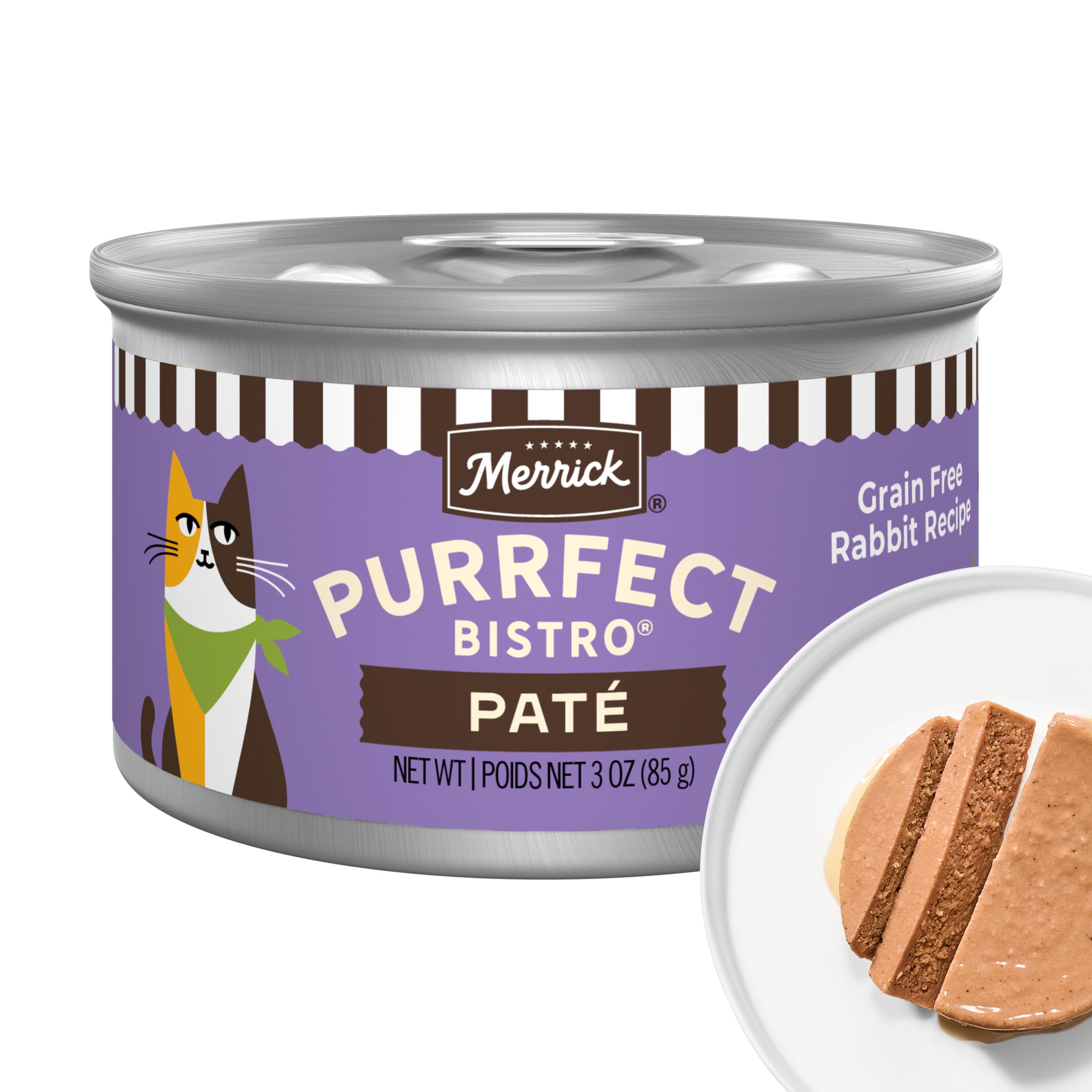 Merrick Purrfect Bistro paté de conejo, lata de 3 onzas, apoyo a músculos fuertes.