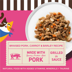 Merrick Purrfect Bistro puerco en salsa, trozos jugosos para estimular el apetito.
