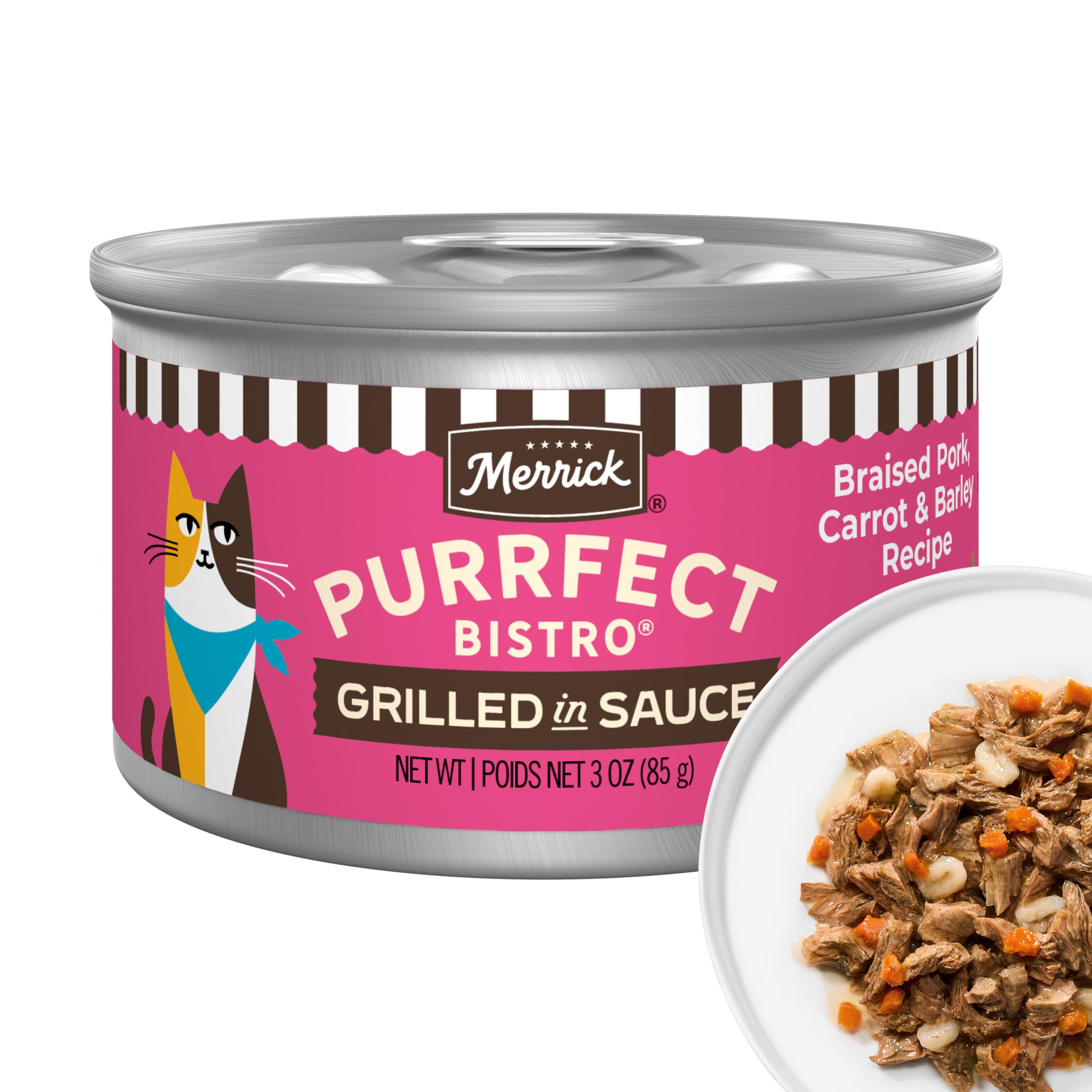 Merrick Purrfect Bistro puerco guisado con zanahoria y cebada, ideal para gatos exigentes.