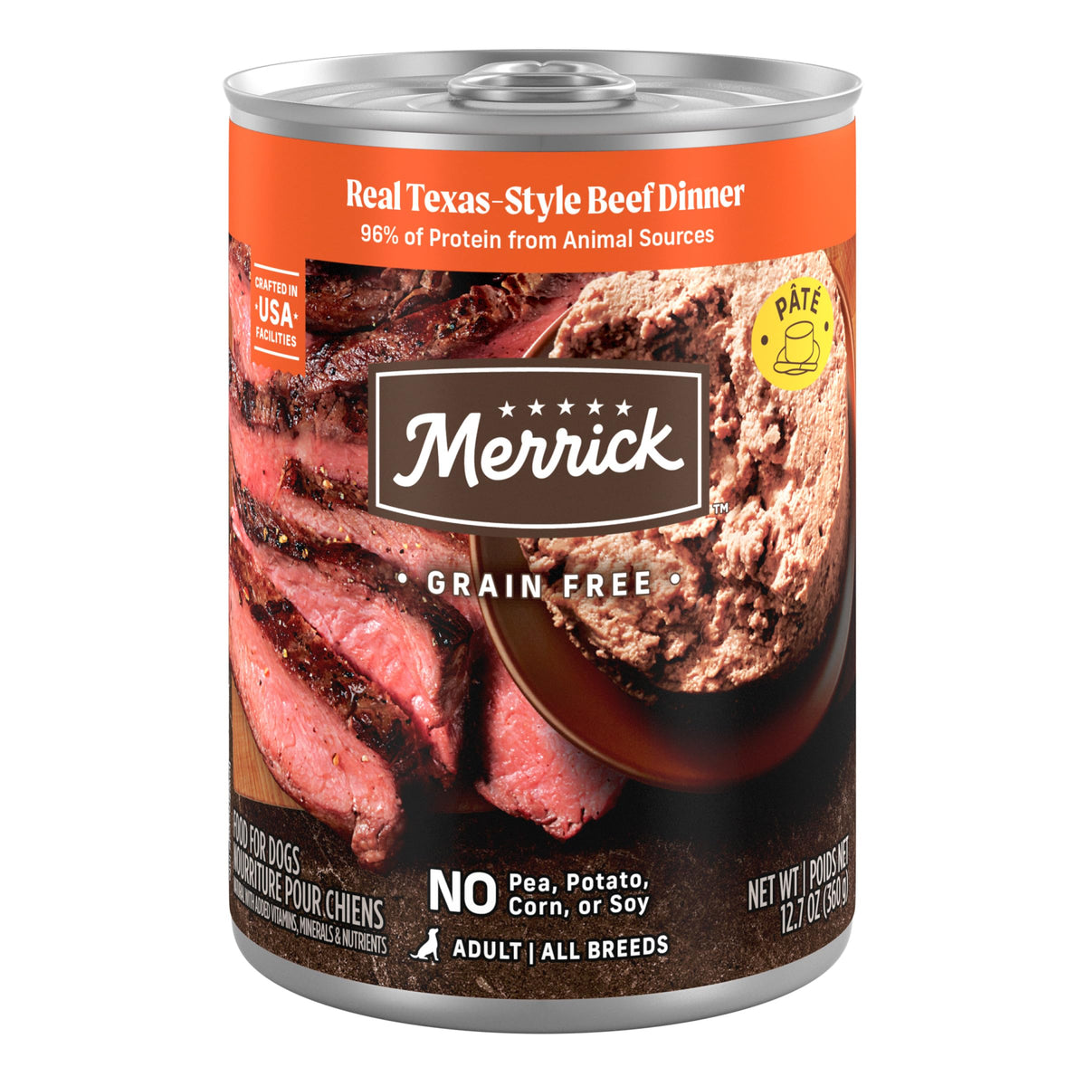 Merrick Cena de Res de Texas real en lata de 12 onzas con carne real como primer ingrediente.