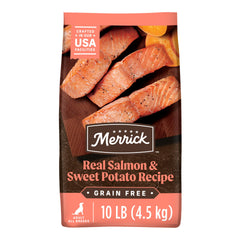 Merrick salmón real y batata dulce en croquetas secas para perros adultos activos.