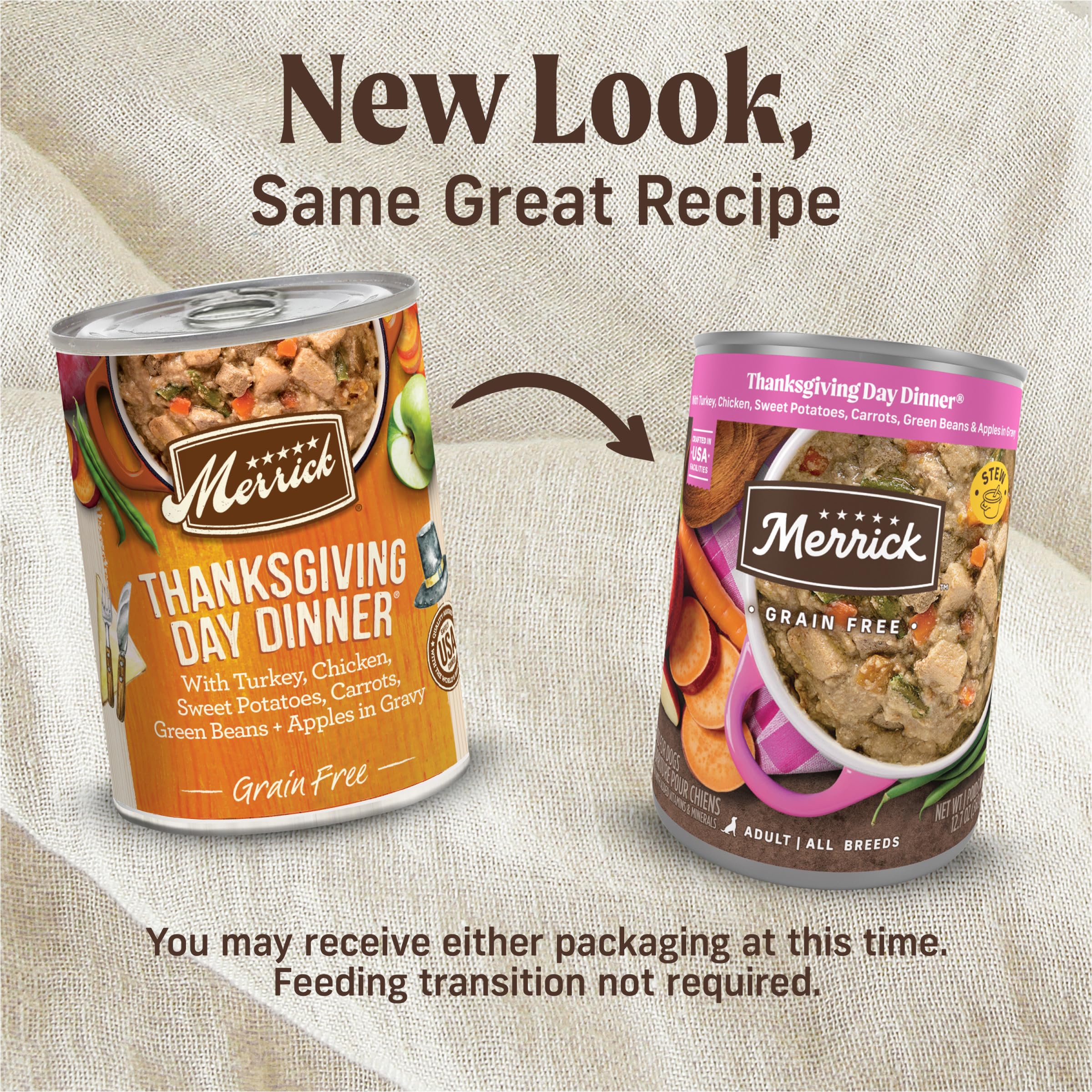 Merrick sin granos, lata con pavo real, ideal como plato principal para perros.