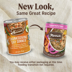 Merrick sin granos, lata con pavo real, ideal como plato principal para perros.