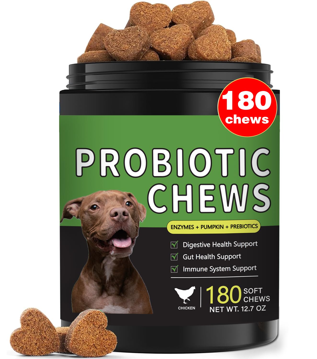 Meukgag Probiotics para perros: 180 chuches sabor pollo para equilibrio intestinal.