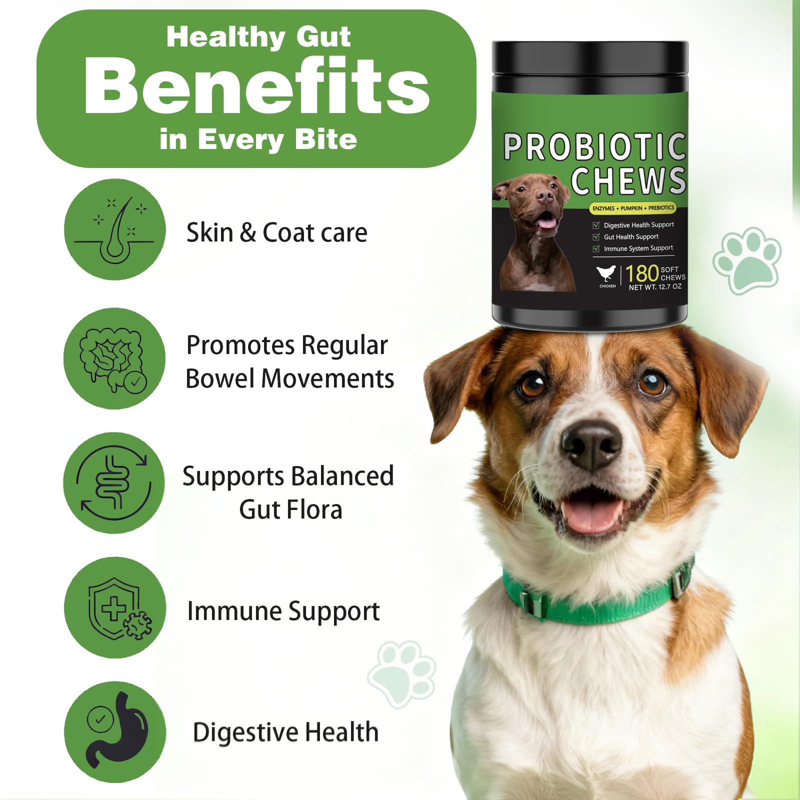 Meukgag Probiotics para perros: ingredientes naturales para apoyo digestivo diario.