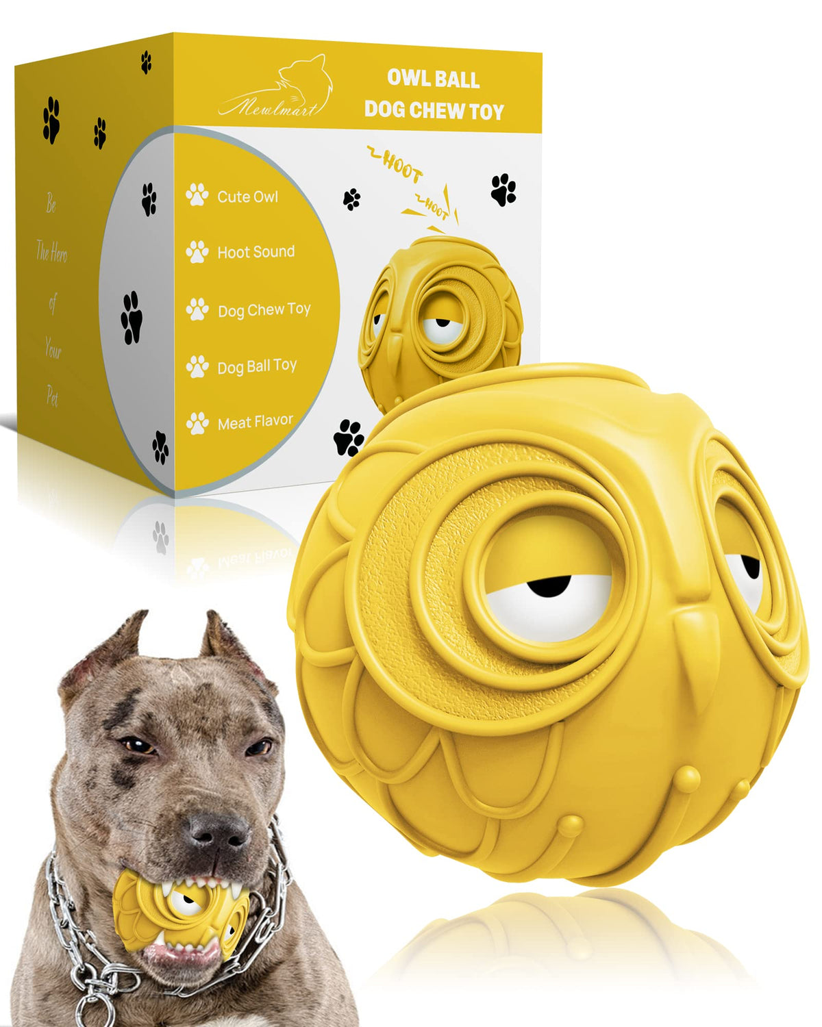 Mewlmart Giggle Ball buho amarillo frente, estimula juego interactivo y refuerza el vínculo.