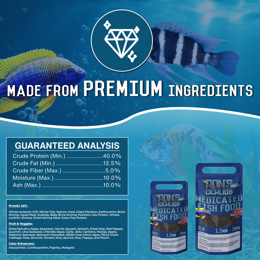 RON'S CICHLIDS Mezcla nutricional para Mbuna que fomenta la vitalidad.