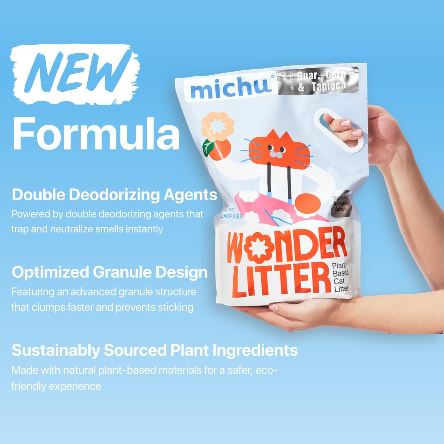 Arena para gatos Michu Wonder, fórmula de almidón de tapioca y maíz, opción ecoamigable.
